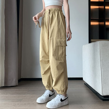 Cargo Harem Drawstring Plain Cropped Pants Waist