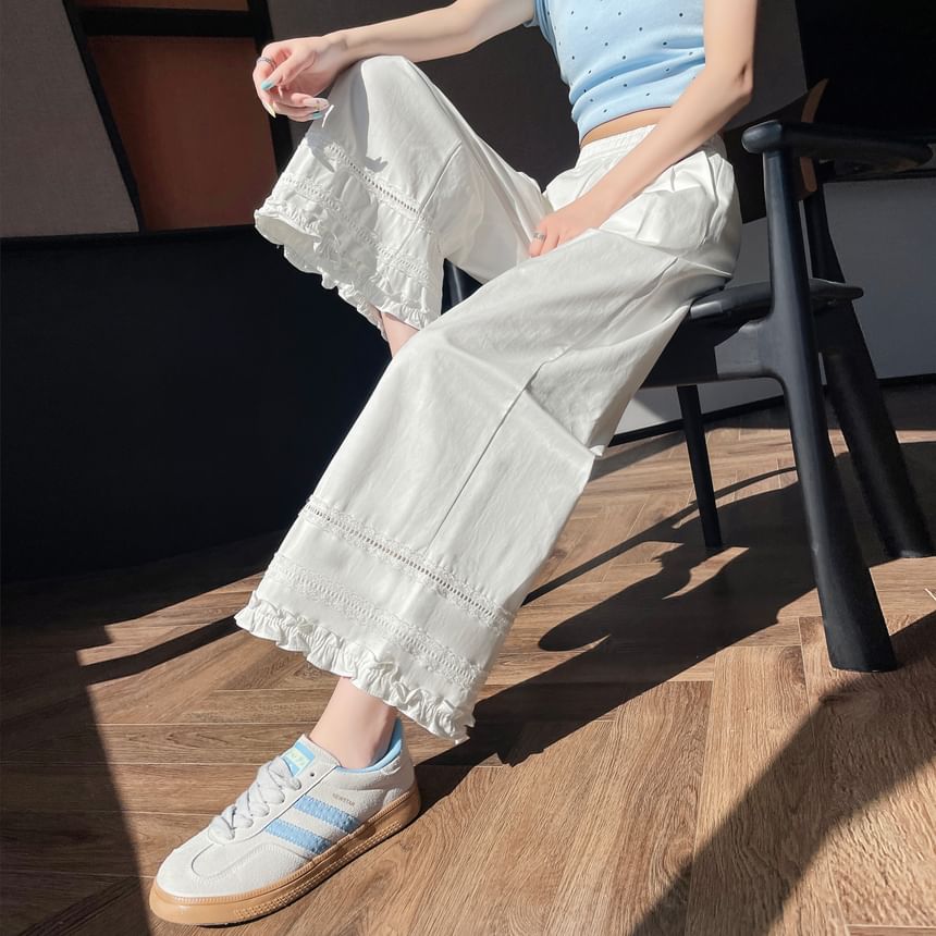 Pants Panel Lace Frill Wide Leg Cropped Rise Plain High Trim