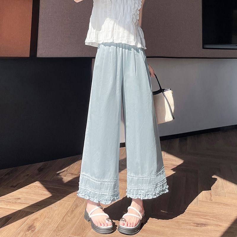 Pants Panel Lace Frill Wide Leg Cropped Rise Plain High Trim