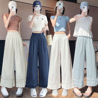 Pants Panel Lace Frill Wide Leg Cropped Rise Plain High Trim