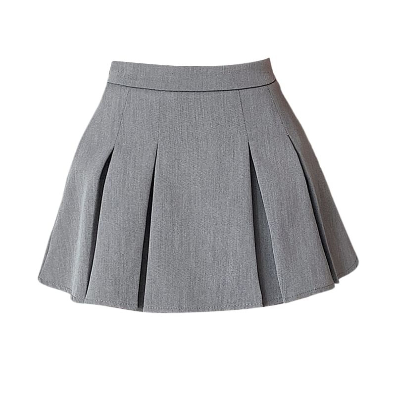 A-Line Pleated Plain Waist Mini Skort High