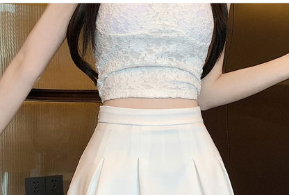 A-Line Pleated Plain Waist Mini Skort High