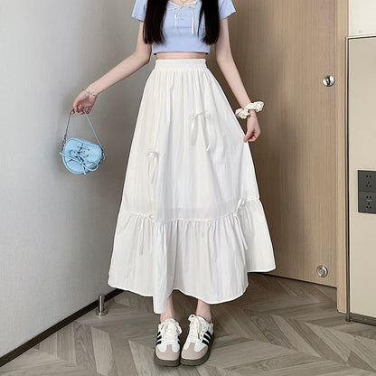 Rise Midi Bow Plain Skirt A-Line Accent High