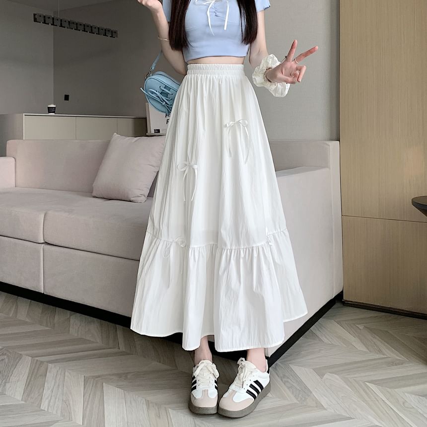 Rise Midi Bow Plain Skirt A-Line Accent High