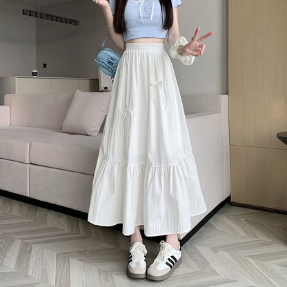 Rise Midi Bow Plain Skirt A-Line Accent High