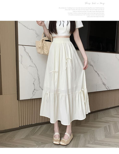 Rise Midi Bow Plain Skirt A-Line Accent High