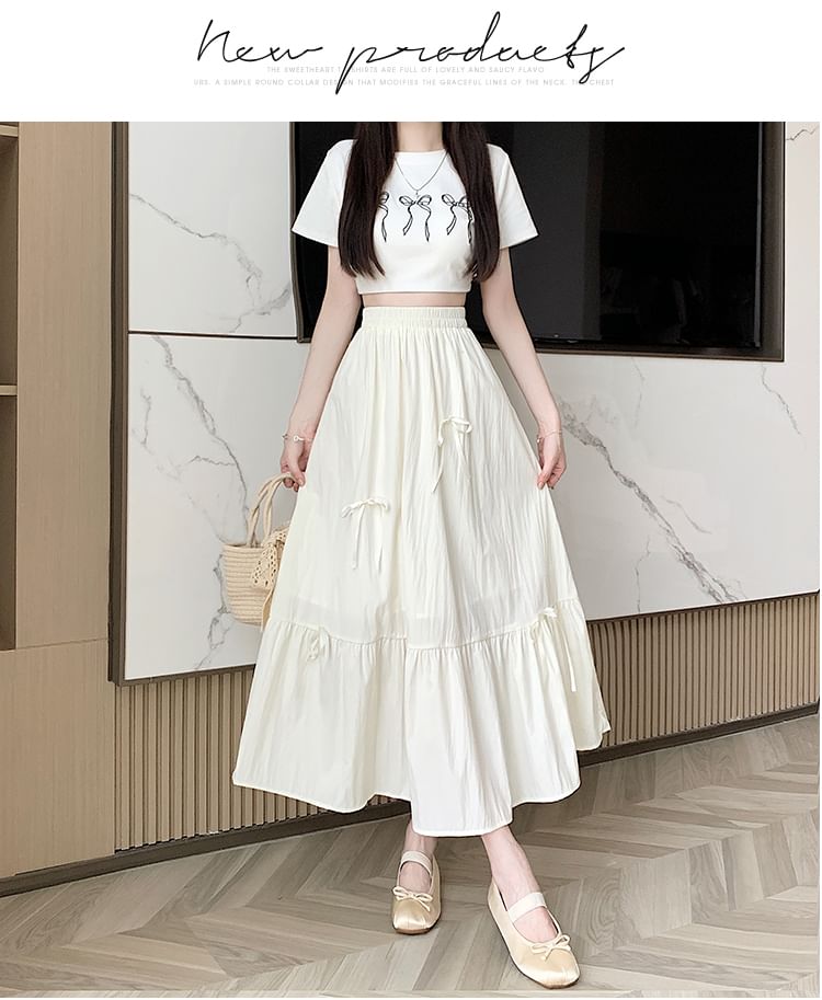 Rise Midi Bow Plain Skirt A-Line Accent High