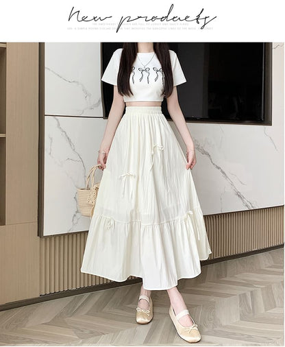 Rise Midi Bow Plain Skirt A-Line Accent High