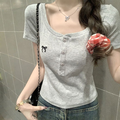 Short-Sleeve Fit Slim Crop Bow T-Shirt Neck Scoop Embroidered