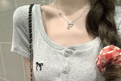 Short-Sleeve Fit Slim Crop Bow T-Shirt Neck Scoop Embroidered