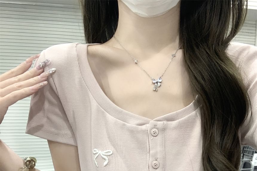 Short-Sleeve Fit Slim Crop Bow T-Shirt Neck Scoop Embroidered