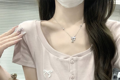 Short-Sleeve Fit Slim Crop Bow T-Shirt Neck Scoop Embroidered