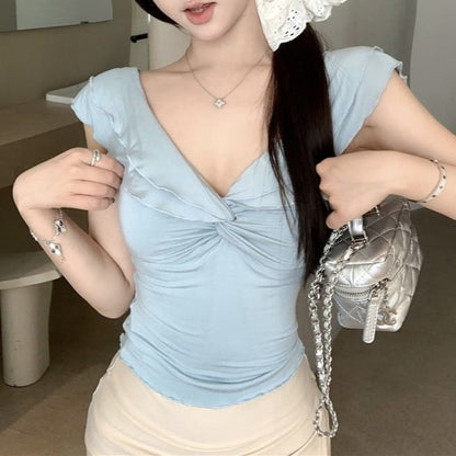 Cap-Sleeve Plain Knot V-Neck T-Shirt