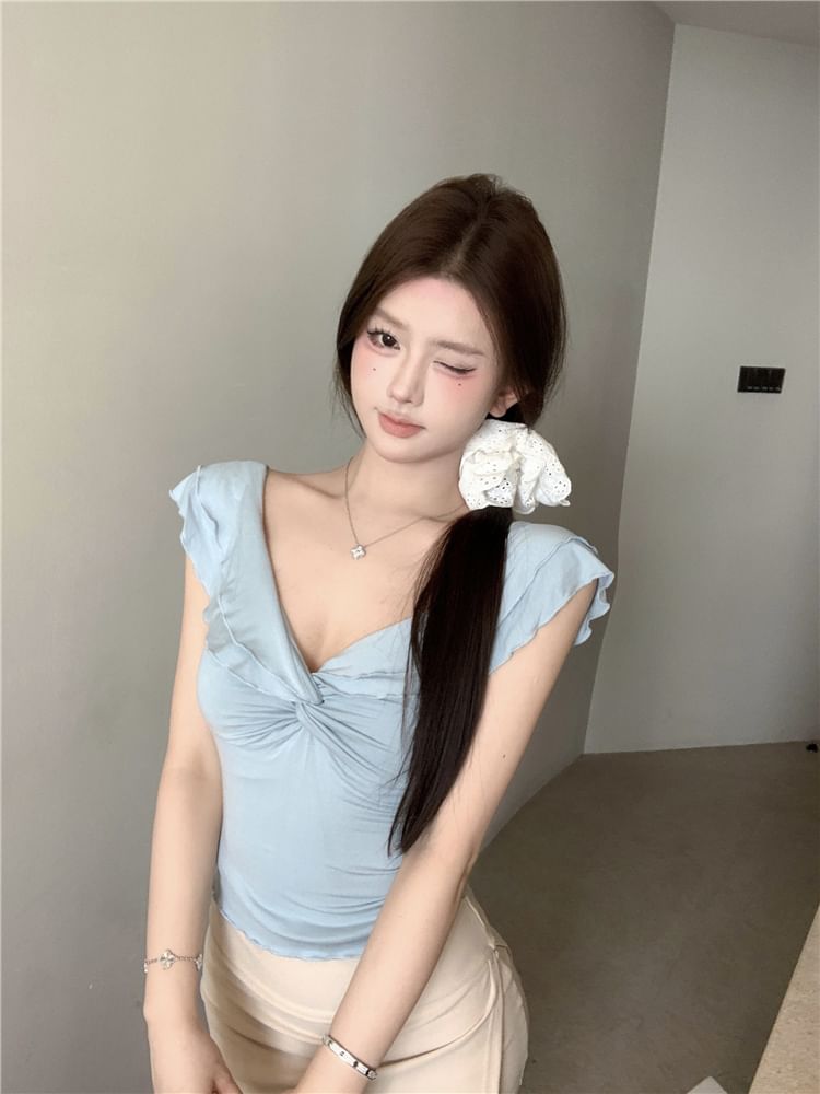 Cap-Sleeve Plain Knot V-Neck T-Shirt