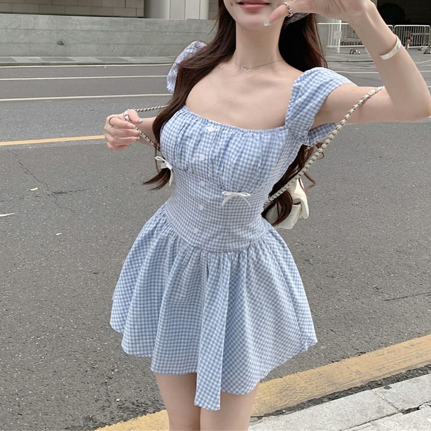 A-Line Kerchief Gingham / Mini Bow Dress Puff-Sleeve