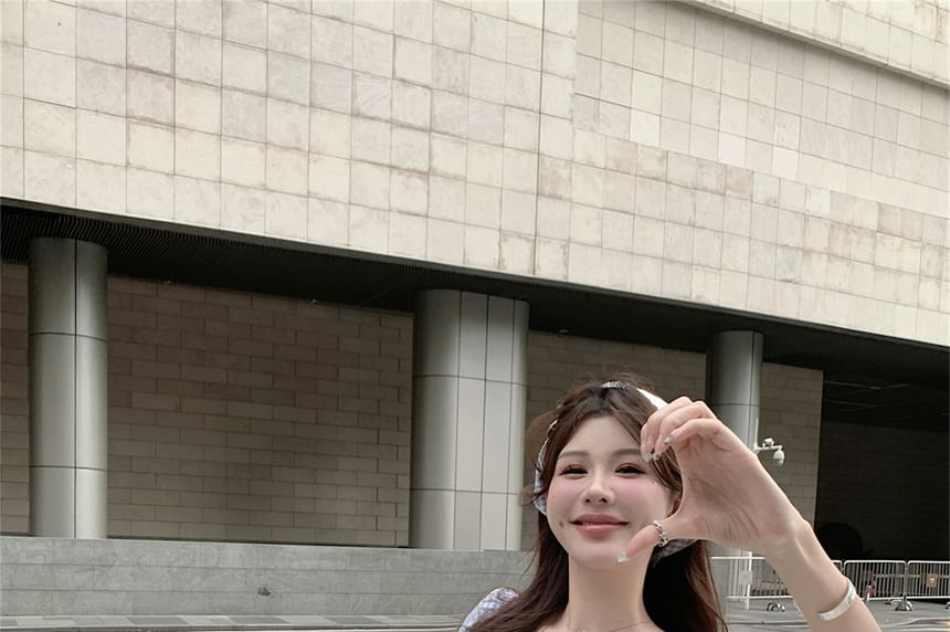 A-Line Kerchief Gingham / Mini Bow Dress Puff-Sleeve