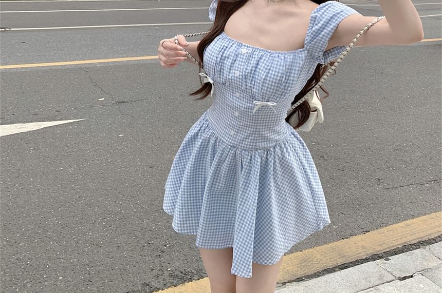A-Line Kerchief Gingham / Mini Bow Dress Puff-Sleeve