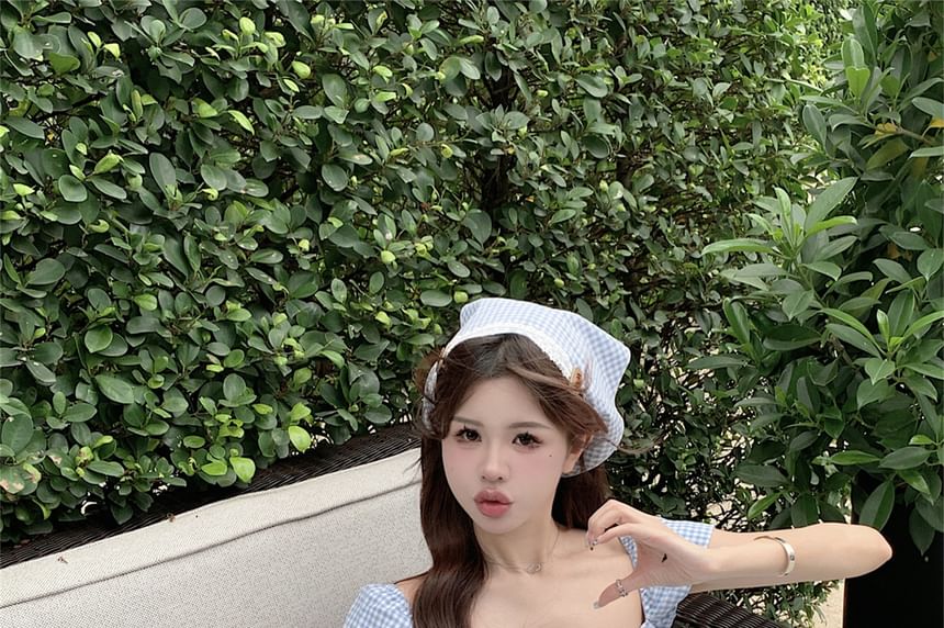 A-Line Kerchief Gingham / Mini Bow Dress Puff-Sleeve