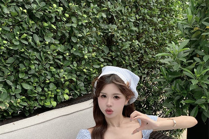 A-Line Kerchief Gingham / Mini Bow Dress Puff-Sleeve