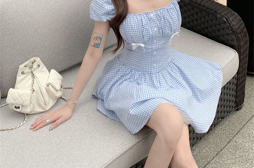 A-Line Kerchief Gingham / Mini Bow Dress Puff-Sleeve