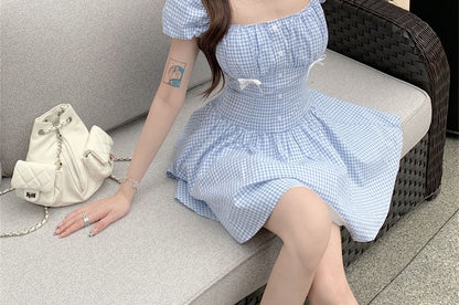 A-Line Kerchief Gingham / Mini Bow Dress Puff-Sleeve