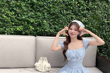 A-Line Kerchief Gingham / Mini Bow Dress Puff-Sleeve