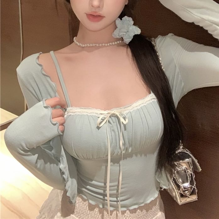 Lettuce Trim Bow Light Jacket Lace / Edge Camisole Top Plain