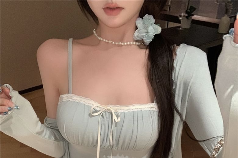 Lettuce Trim Bow Light Jacket Lace / Edge Camisole Top Plain