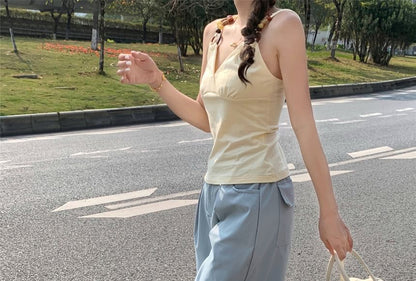 Plain Pants Leg Wide Ruched Waist Mid