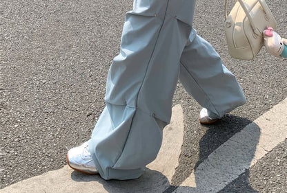 Plain Pants Leg Wide Ruched Waist Mid