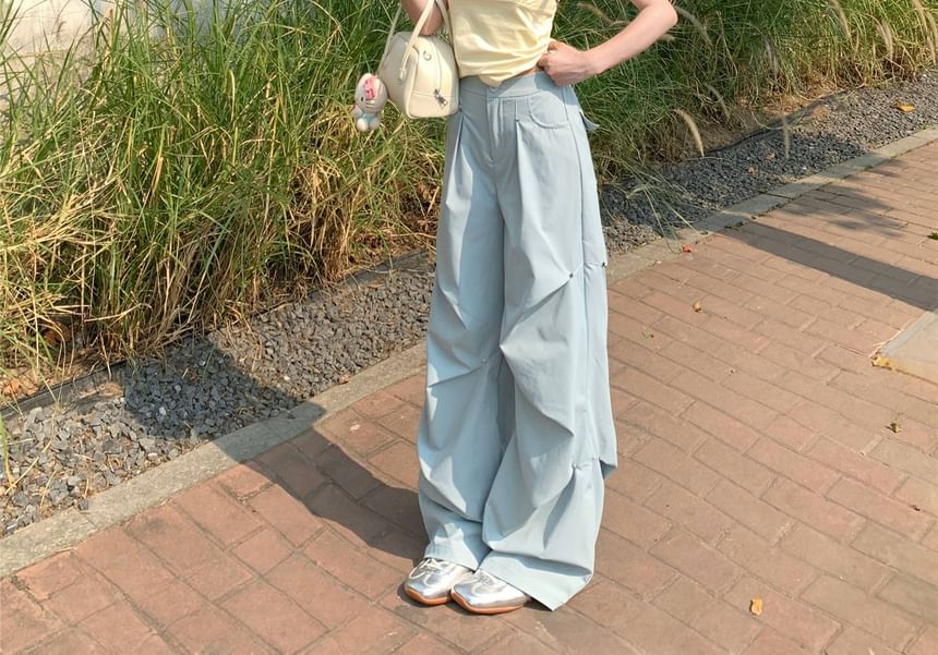 Plain Pants Leg Wide Ruched Waist Mid