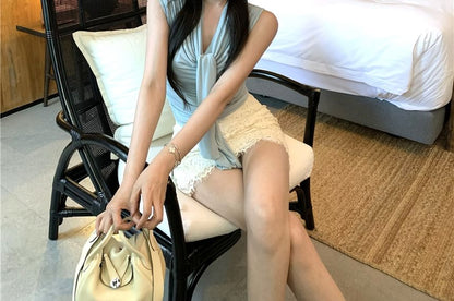 Lace Pencil Skirt / Top Rise High Tank Plain Mini Tie-Neck
