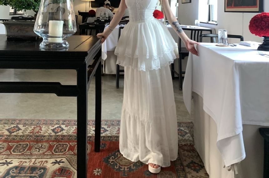 Camisole Plain Peplum High Maxi / Skirt Top Trim Lace A-Line Waist