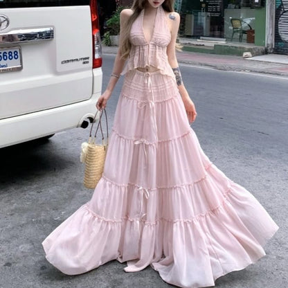 + Set: V-Neck Low Skirt Maxi Rise A-Line Halter Cropped Asymmetrical Top Plain