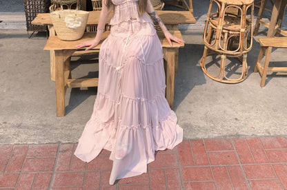 + Set: V-Neck Low Skirt Maxi Rise A-Line Halter Cropped Asymmetrical Top Plain