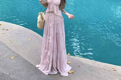 + Set: V-Neck Low Skirt Maxi Rise A-Line Halter Cropped Asymmetrical Top Plain