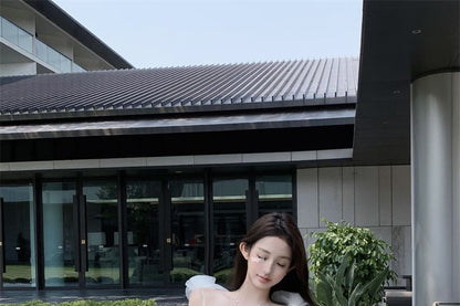 Plain Strap Spaghetti Mesh Mini Sundress Detail Flower