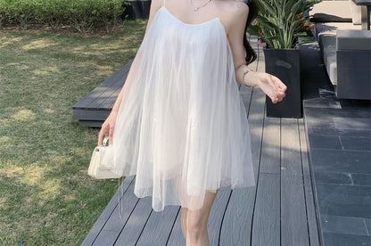 Plain Strap Spaghetti Mesh Mini Sundress Detail Flower