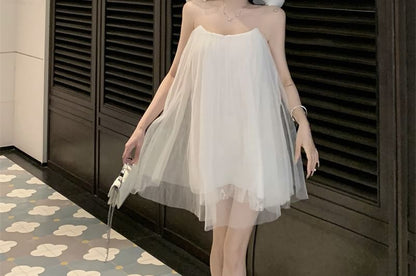 Plain Strap Spaghetti Mesh Mini Sundress Detail Flower