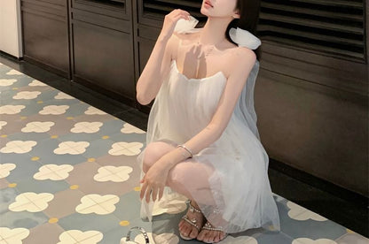 Plain Strap Spaghetti Mesh Mini Sundress Detail Flower