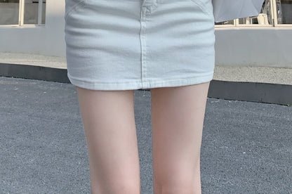 High Rise Pencil Denim Mini Skirt