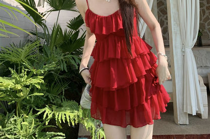 Mini Plain Ruffle Spaghetti Sundress Strap