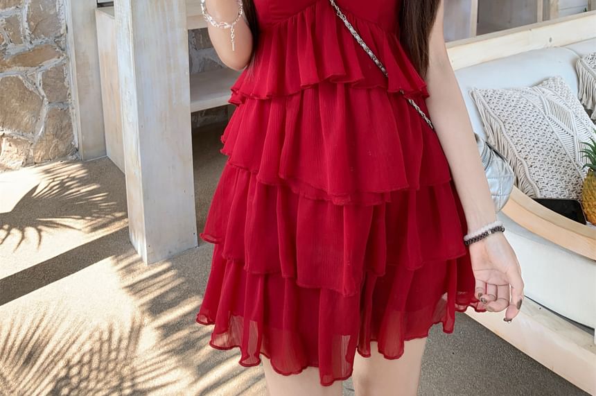 Mini Plain Ruffle Spaghetti Sundress Strap