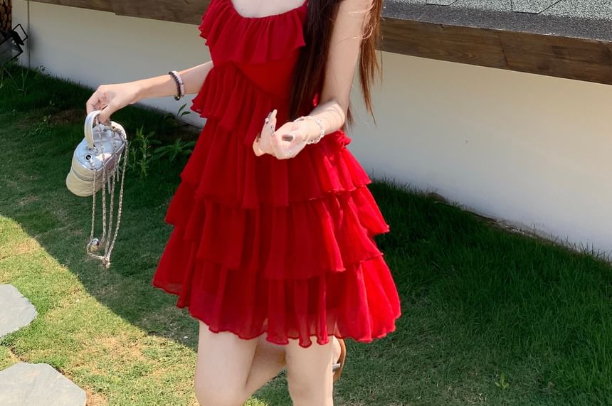 Mini Plain Ruffle Spaghetti Sundress Strap