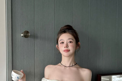 Off-Shoulder Plain Bow Puff-Sleeve Rhinestone Blouse