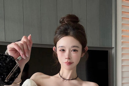 Off-Shoulder Plain Bow Puff-Sleeve Rhinestone Blouse