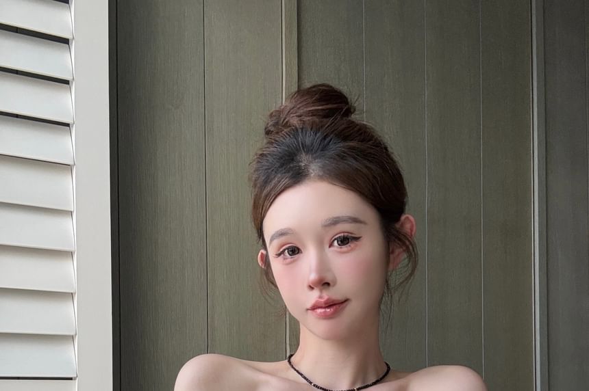 Off-Shoulder Plain Bow Puff-Sleeve Rhinestone Blouse