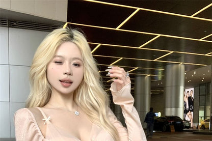 T-Shirt Two-Piece Lettuce Mock Mesh Plain Panel V-Neck Edge Long-Sleeve