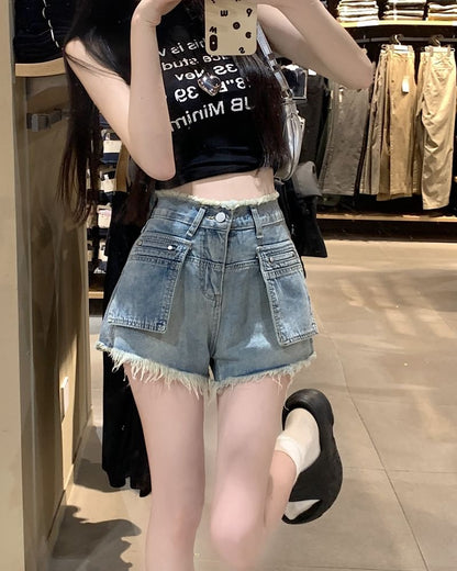 Waist Pants Trim High Hot Denim Washed Fringed