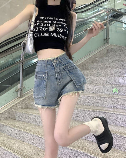 Waist Pants Trim High Hot Denim Washed Fringed